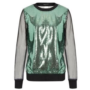 Armani Exchange Blouse Green Sequin Black Mesh Ribbed Trim MSRP $120 Small